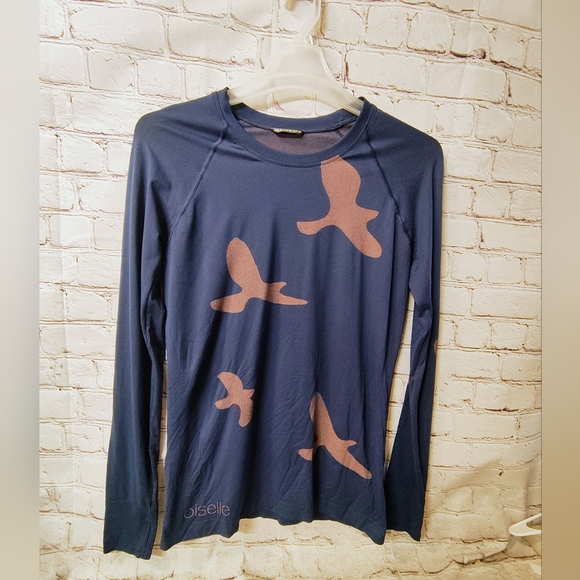 oiselle Tops - oiselle Navy Blue Long Sleeve Tee with Pink Bird Print